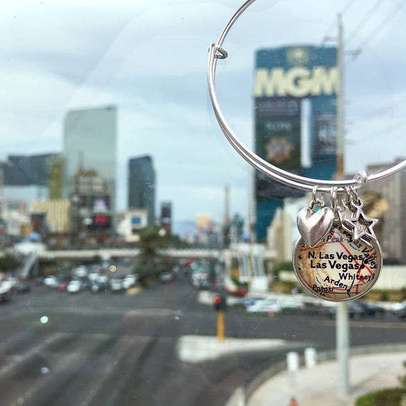 Las Vegas Map Charm Bracelet Silver Heart Star Jewelry 
