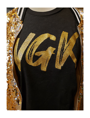 Ladies Vegas Golden Knights Glitter VGK Gold Tee Shirt Tshirt Sparkle Vegas Local