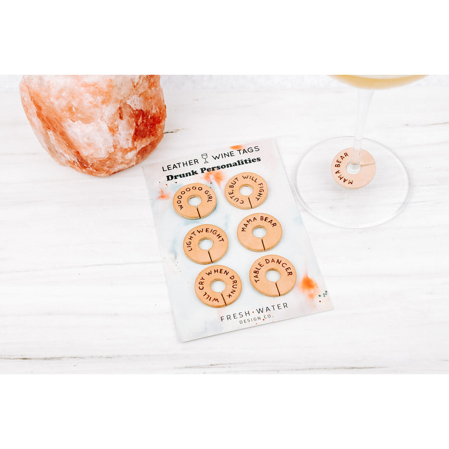 DRUNKEN PERSONALITIES Leather Wine Glass Tags