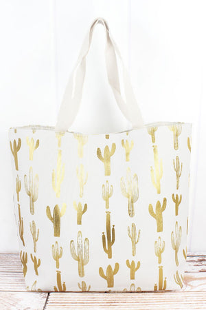 Golden Cactus White Shoulder Tote